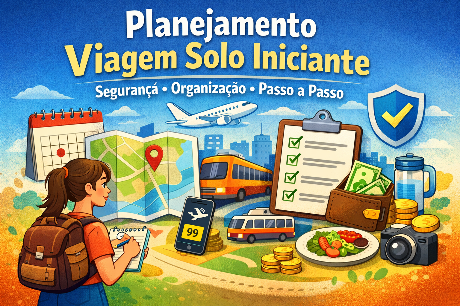 Planejamento de viagem solo para iniciantes com foco em segurança, organização e roteiro passo a passo.